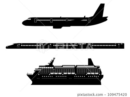 Silhouettes of airplanes, bullet trains and passenger ships 109475420