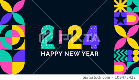2024 Happy New Year colorful Text logo typography and background design template. greetings with 2024 numbers in the form of colored stained glass. Art design template 2024. Vector illustration. 109475422