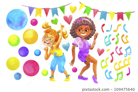 Set of multicultural dancing girls and party objects includes flag garlands, hearts, notes and colored watercolor circles for design of card, invitation, poster, t-shirt printing. 109475640