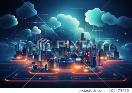 Cloud computing technology concept. Smart city and digital cloud data center.Futuristic big data processing cloud. Generative AI Cloud computing technology concept. Smart city and digital cloud data center.Futuristic big data processing cloud. Generative AI 109475750