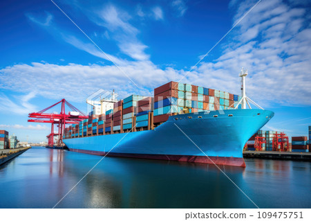 Big transport ship with containers with goods on the open sea. Generative AI Big transport ship with containers with goods on the open sea. Generative AI 109475751