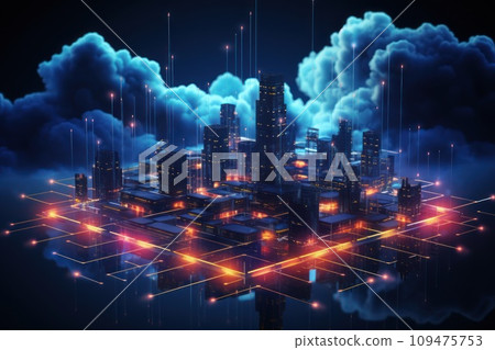 Cloud computing technology concept. Smart city and digital cloud data center.Futuristic big data processing cloud. Generative AI 109475753