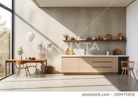 Interior Design, a perspective of a living room and a kitchen, modern furniture, generate ai 109475850