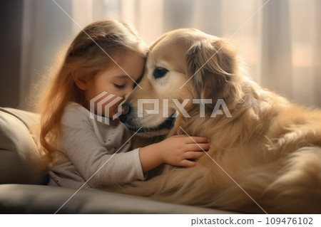 child hugging a friendly dog pet, showing affection .generative ai 109476102