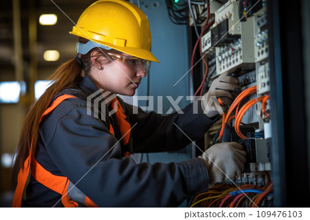 a A engineer electrician works in a switchboard with an electrical connecting cable. ai generative 109476103