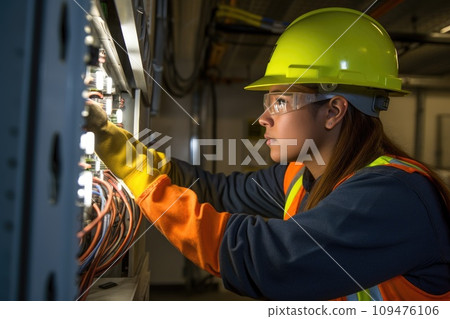 a A engineer electrician works in a switchboard with an electrical connecting cable. ai generative 109476106