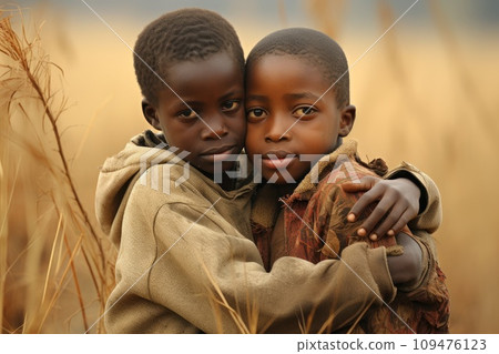 Boy reunites with his friend after hostage ordeal. AI generative Boy reunites with his friend after hostage ordeal. AI generative 109476123