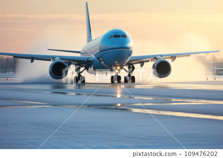 Airplane takeoff on snow ice runway which difficult weather conditions. Generative AI 109476202