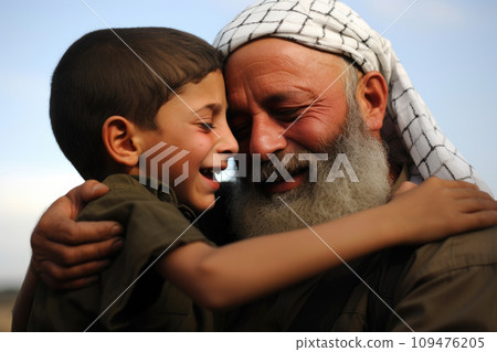 Boy reunites with dad after hostage ordeal. AI generative 109476205
