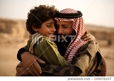 Boy reunites with dad after hostage ordeal. AI generative 109476207