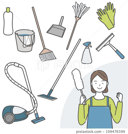 A smiling woman doing a fist pump with lots of cleaning tools A smiling woman doing a fist pump with lots of cleaning tools 109476399