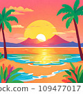 Sunset beach with palm trees (AI) 109477017