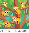 Illustration of many monkeys gathered on a tree branch (AI) 109477069