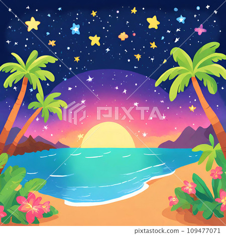Night sky on a sandy beach with a view of the ocean (AI) 109477071