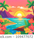 Illustration of colorful flowers on a hill overlooking the sea (AI) 109477072