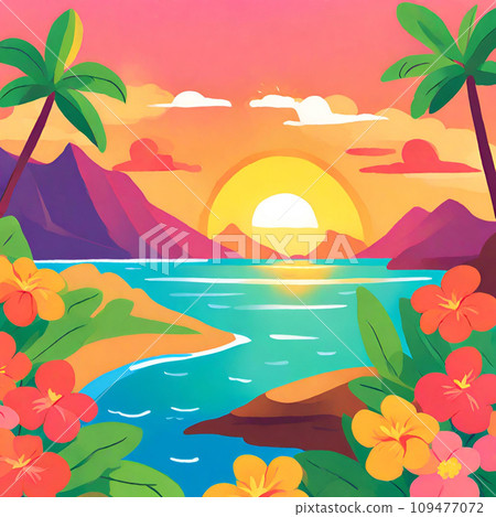 Illustration of colorful flowers on a hill overlooking the sea (AI) 109477072