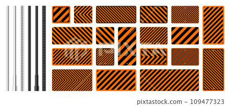 Warning, danger signs, attention banners with metal poles. Orange caution sign, construction site signage. Notice signboard, warning banner, road shield. Vector illustration Warning, danger signs, attention banners with metal poles. Orange caution sign, construction site signage. Notice signboard, warning banner, road shield. Vector illustration 109477323