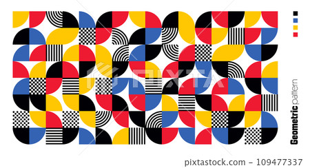 Geometric trendy pattern, Bauhaus style. Modern colorful background with simple elements. Retro texture with basic geometric shapes. Print design, minimalist poster cover. Vector illustration 109477337