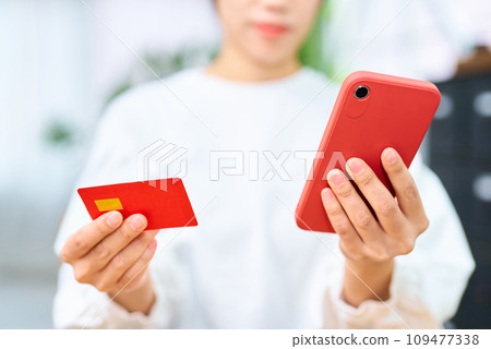 有信用卡和智能手機的婦女的手 109477338