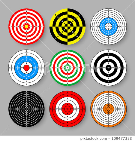 Shooting range paper targets. Round target with divisions, marks and numbers. Archery, gun shooting practise and training, sport competition and hunting. Bullseye and aim. Vector illustration 109477358
