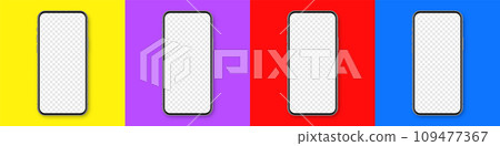 Realistic smartphone with blank touch screen on colorful background. Frameless mobile phone in front view. High quality detailed device mockup. Vector illustration Realistic smartphone with blank touch screen on colorful background. Frameless mobile phone in front view. High quality detailed device mockup. Vector illustration 109477367