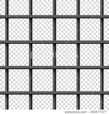 Black realistic metal prison bars. Detailed jail cage, prison iron fence. Criminal background mockup. Vector illustration 109477377