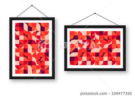 Picture frame with geometric trendy pattern, Bauhaus style. Modern background, simple elements. Retro texture, basic geometric shapes. Print design, minimalist poster cover. Vector illustration 109477380