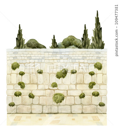 Jerusalem Kotel Jewish Western Wall sight in old city watercolor illustration isolated on white background. Israel capital city historical and religious place 109477381