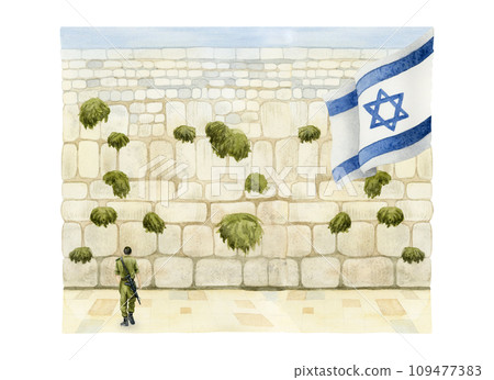 Western Wall with Israel soldier and flag sight in old city of Jerusalem watercolor illustration isolated on white background. The Kotel for prayers on Yom HaZikaron and Memorial Days Western Wall with Israel soldier and flag sight in old city of Jerusalem watercolor illustration isolated on white background. The Kotel for prayers on Yom HaZikaron and Memorial Days 109477383