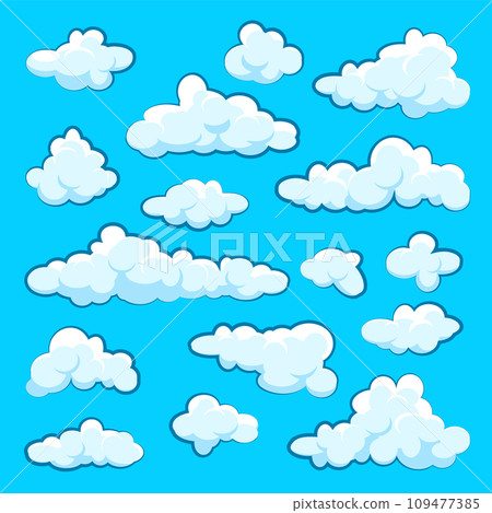 Painted cartoon clouds on blue background. Simple hand drawn round cloud, summer sky panorama, cloudscape. Flat design. Vector illustration Painted cartoon clouds on blue background. Simple hand drawn round cloud, summer sky panorama, cloudscape. Flat design. Vector illustration 109477385