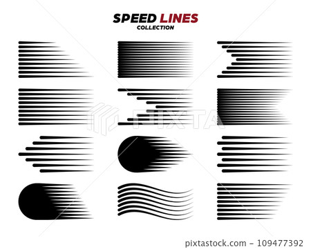 Black cartoon or comic speed lines with round corners. Simple line with motion effect. Comic book design element. Vector collection 109477392