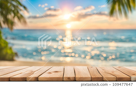 Empty wooden table, blurred summer sea background with copy space for your product Empty wooden table, blurred summer sea background with copy space for your product 109477647