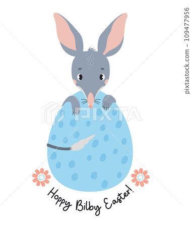 Cute Easter bilby with big egg. Australian animal is wild mammal. Easter cool greeting card. Vector illustration in flat cartoon style 109477956