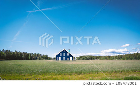 blue house in a field, 16:9 widescreen wallpaper / backdrop / background  109478001