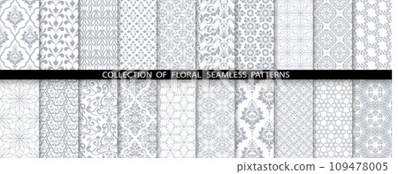 Geometric floral set of seamless patterns. White and gray vector backgrounds. Damask graphic ornaments 109478005