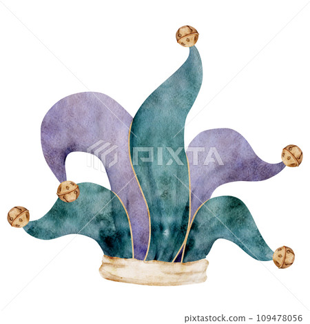 Hand drawn watercolor Mardi Gras carnival symbols. Jester fool clown hat with jingle bells, gold purple green. Single object isolated on white background. Design for party invitation, print, shop 109478056