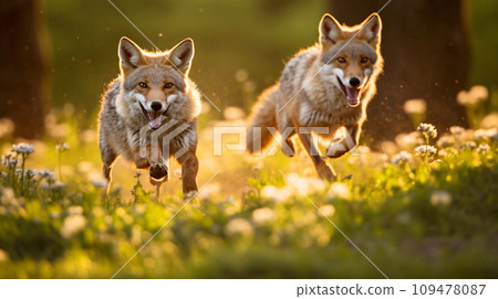 Spring animals, scenery of wolves and foxes running in the field, AI generated image 109478087