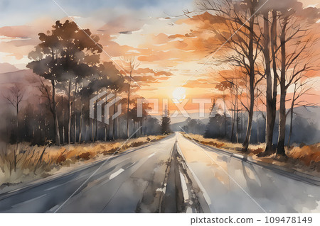 the road with a sunset in the background and trees on both sides of it and a sky filled with clouds 109478149