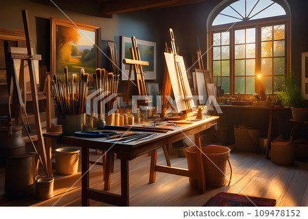 the realistic photograph of an artists studio filled with the tools and materials the realistic photograph of an artists studio filled with the tools and materials 109478152