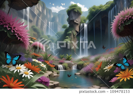 A Beautiful Waterfall in a Natural Garden Setting A Beautiful Waterfall in a Natural Garden Setting 109478153