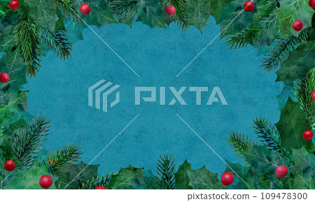Watercolor illustration frame perfect for Christmas with fir trees and holly leaves Watercolor illustration frame perfect for Christmas with fir trees and holly leaves 109478300