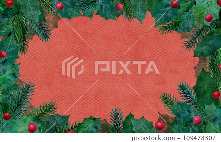 水彩插圖框架非常適合聖誕節，配有冷杉樹和冬青葉 109478302