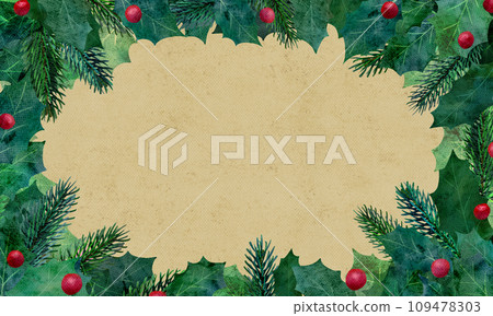 Watercolor illustration frame perfect for Christmas with fir trees and holly leaves 109478303