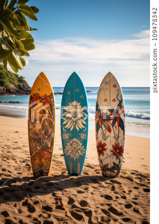 Three surf boards with vivid and eye-catching designs standing gracefully in the sand of a stunning beach. AI Generated Three surf boards with vivid and eye-catching designs standing gracefully in the sand of a stunning beach. AI Generated 109478342