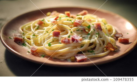 Generative AI Carbonara pasta. Spaghetti with pancetta, egg, parmesan cheese and cream sauce 109478355