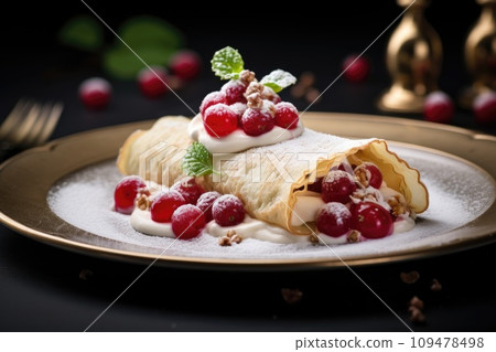 Chestnut flour crepes filled with ricotta and red currants 109478498