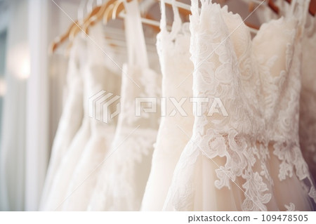 A lot of wedding dresses are hanging on hangers in the salon A lot of wedding dresses are hanging on hangers in the salon 109478505