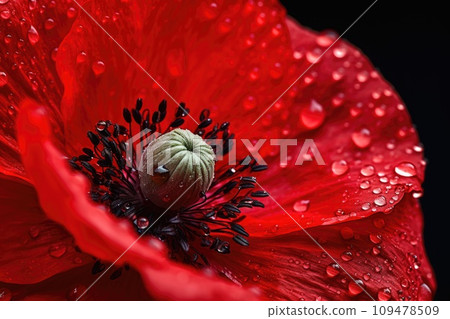 Red poppy with dew drops on the petals 109478509