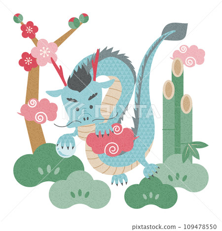 Illustration of pop zodiac signs: dragon and pine, bamboo, and plum 109478550
