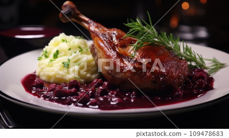 Baked duck leg with mashed potatoes and cranberry sauce 109478683